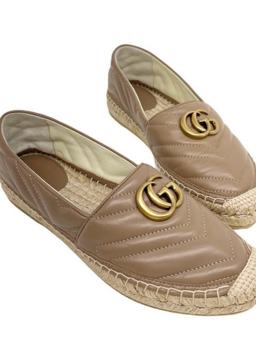 Gucci Tan Quilted Leather Espadrille Loafers with Gold G Logo